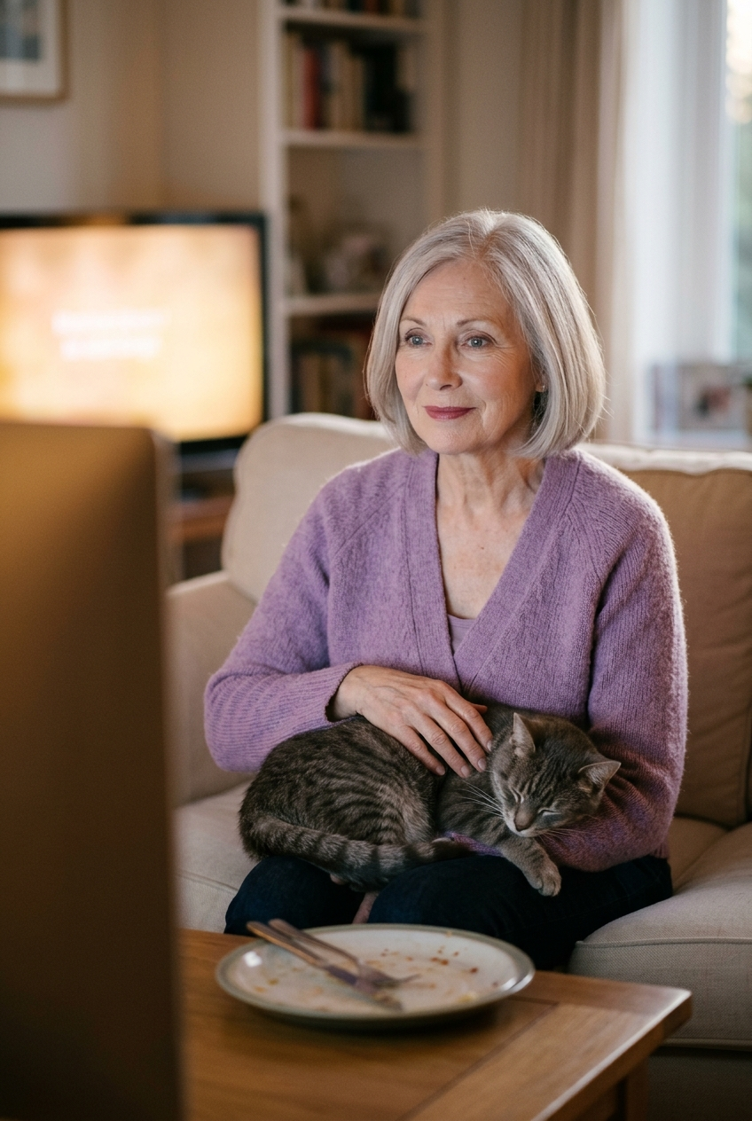 Older woman sitting with her cat while the television plays in an empty living room, a sign of loneliness