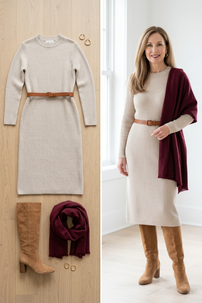 oatmeal-knit-dress-outfit-flatlay-lookbook
