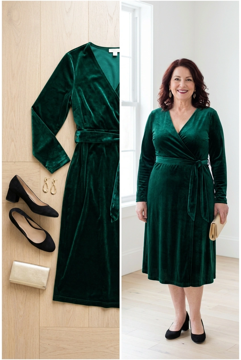 Plus-size woman over 50 in an emerald velvet wrap dress with gold jewelry, a holiday party outfit
