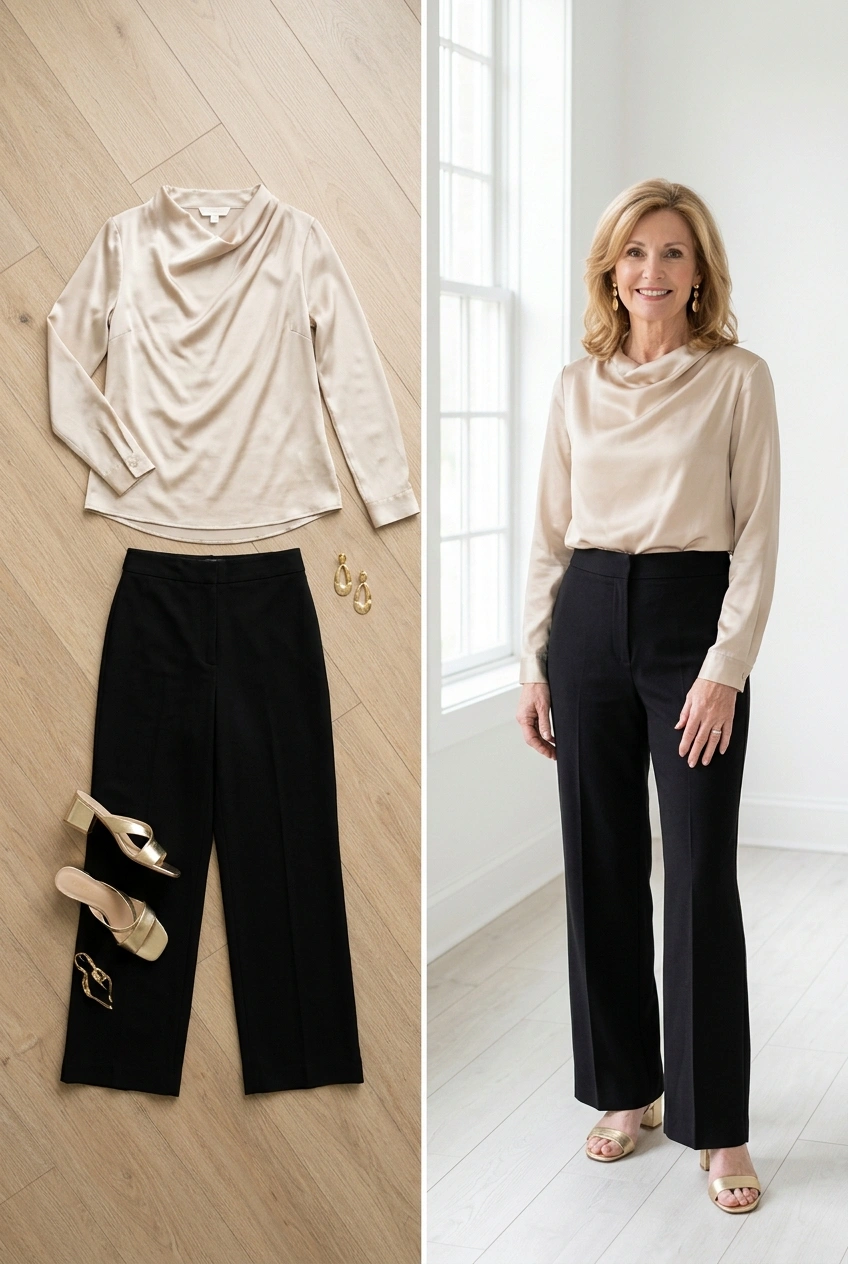 Champagne satin blouse with black wide-leg trousers and gold jewelry, a Christmas dinner outfit for women over 50