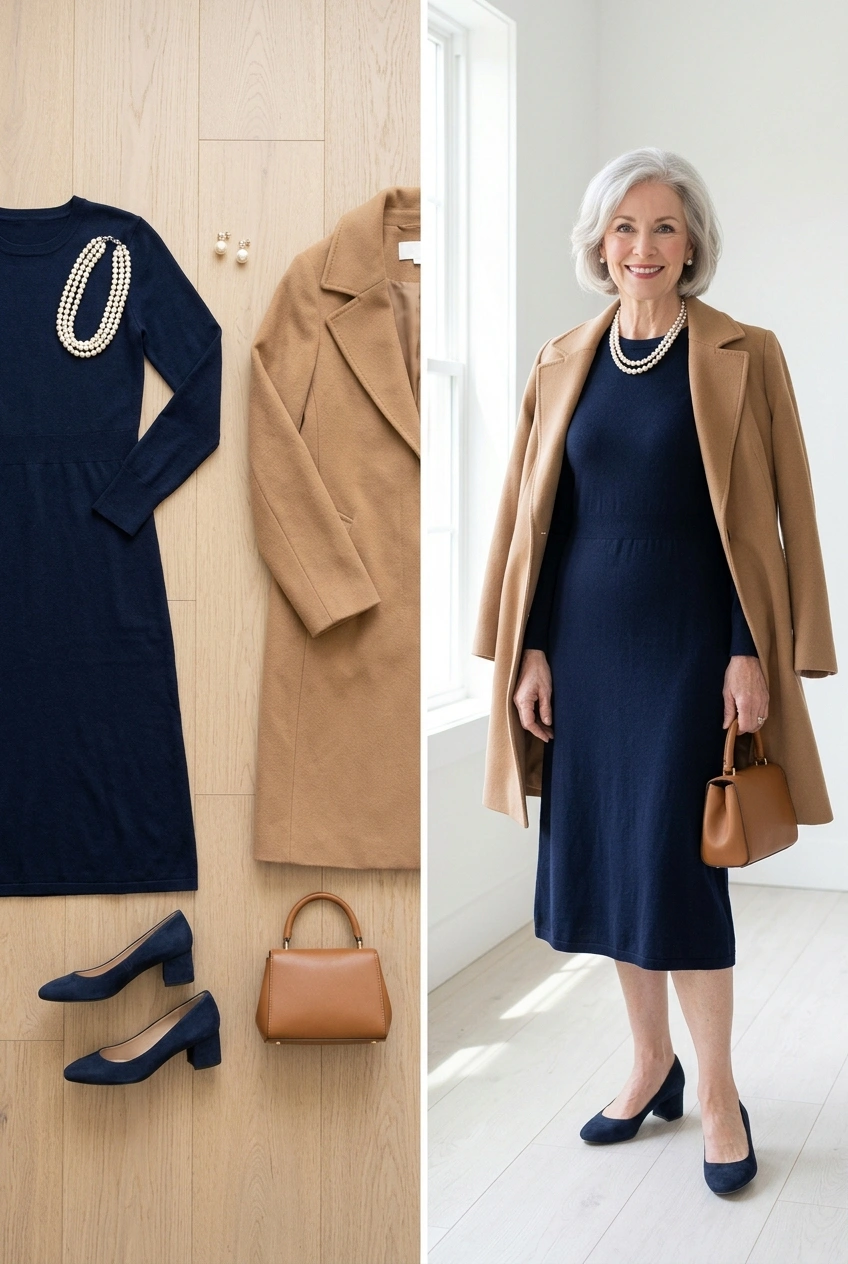 Navy knit midi dress with pearls and a camel coat, a holiday church outfit for women over 50