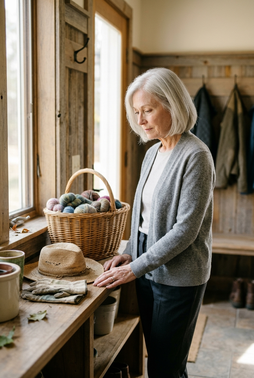 Older woman looking at her unused gardening tools and dusty sewing basket, a sign of loneliness and withdrawal