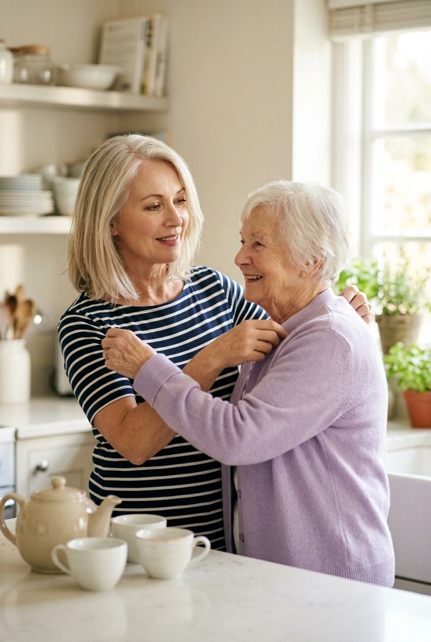 Woman in her 60s gently helping her elderly mother with her cardigan in a sunny kitchen