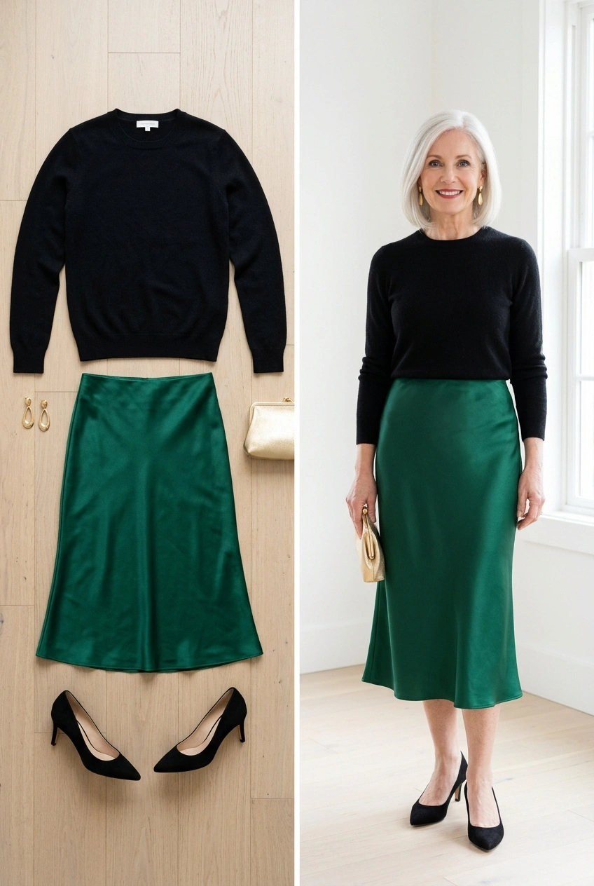 Black cashmere sweater with an emerald satin midi skirt and pumps, a holiday outfit for women over 50