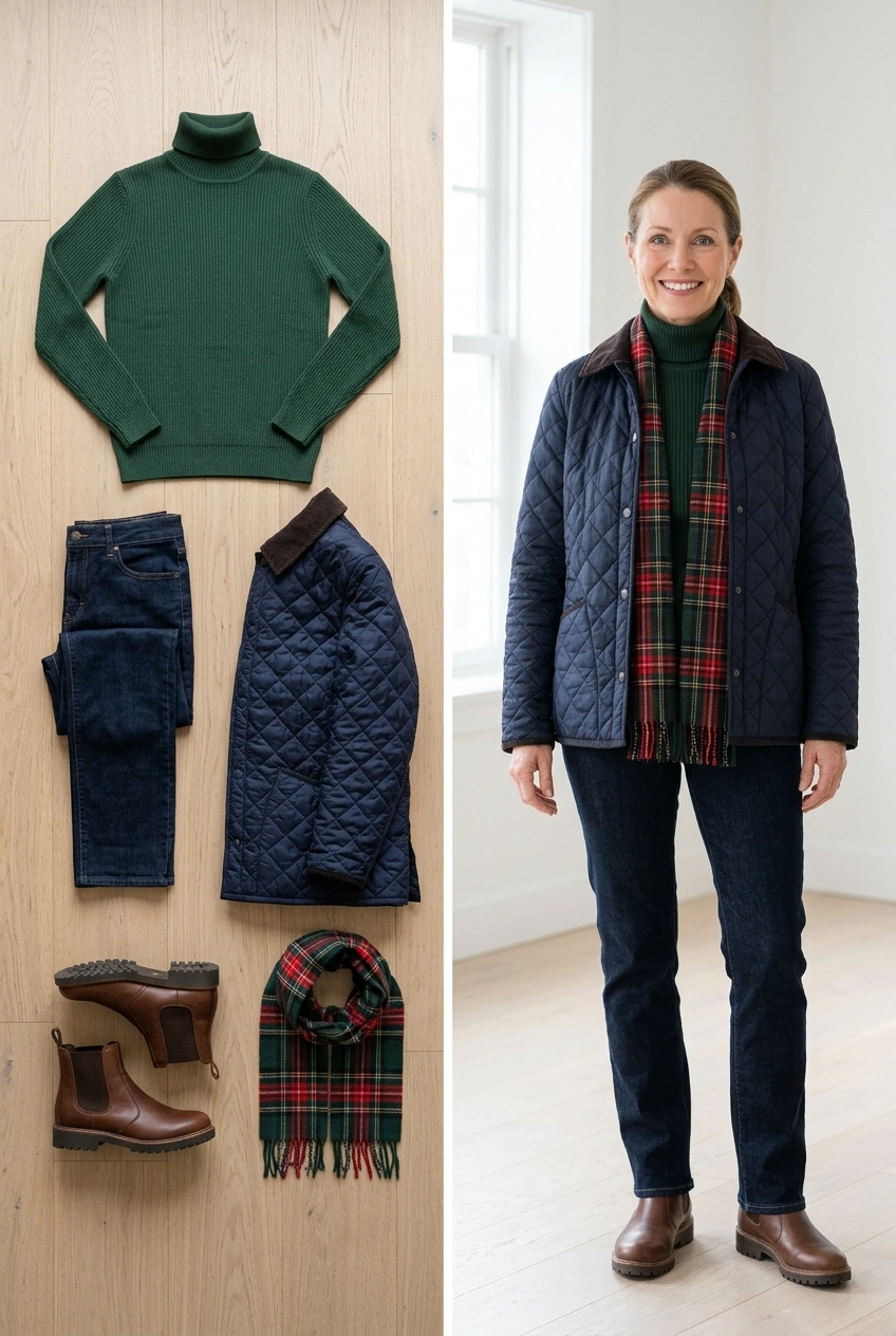 Forest green turtleneck with jeans and a quilted jacket, a casual holiday outfit for women over 50