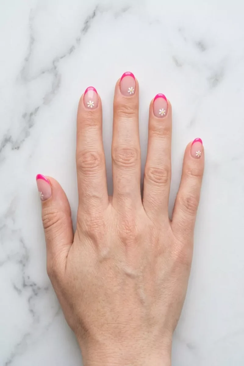 Hot Pink French Tips with Tiny Flowers