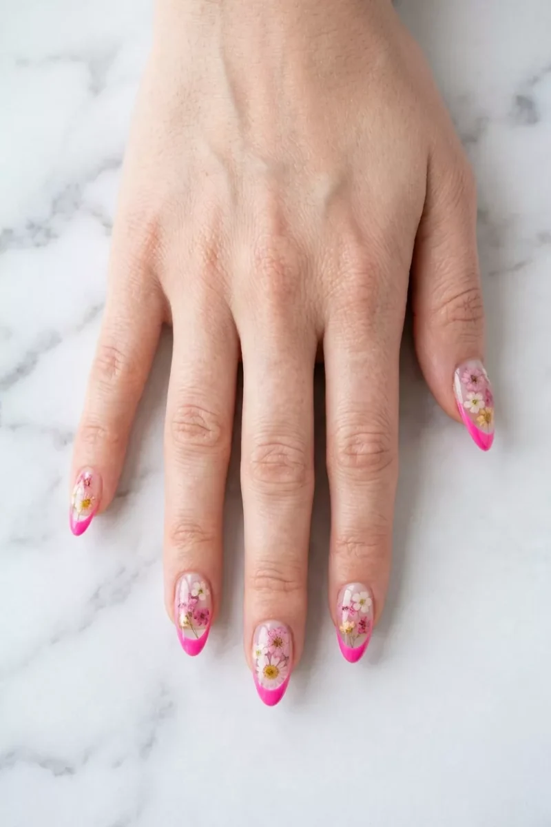 Pressed Flower Nails with Hot Pink Tips