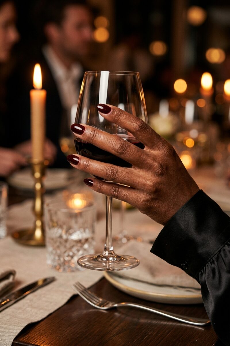 Short oval oxblood red nails on a hand with deep brown skin holding a glass of red wine