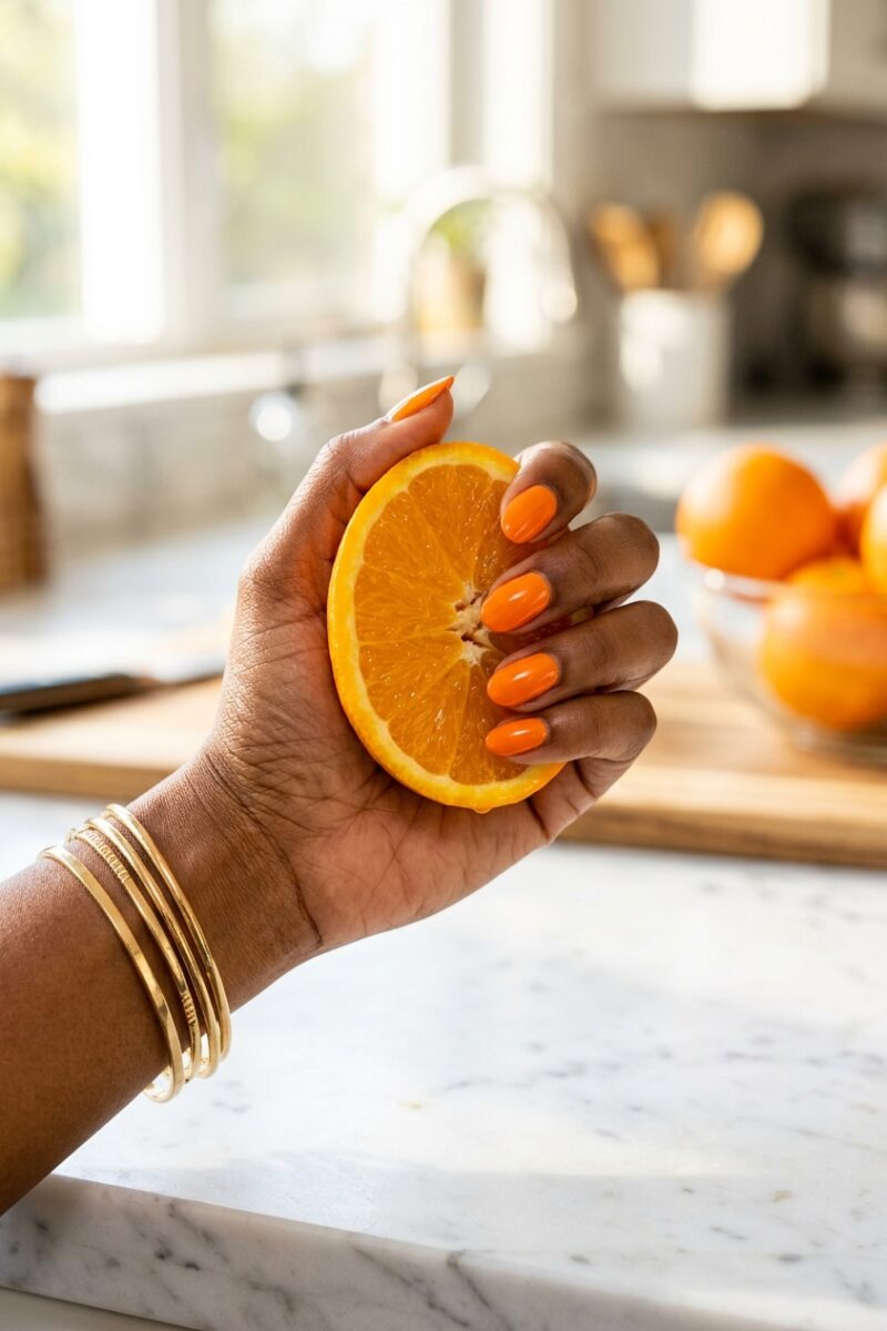 Short oval tangerine orange nails on a hand with deep brown skin holding a fresh orange