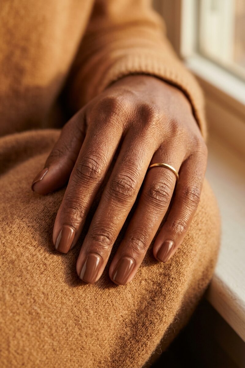 Short square chocolate brown nude nails on a hand with deep skin