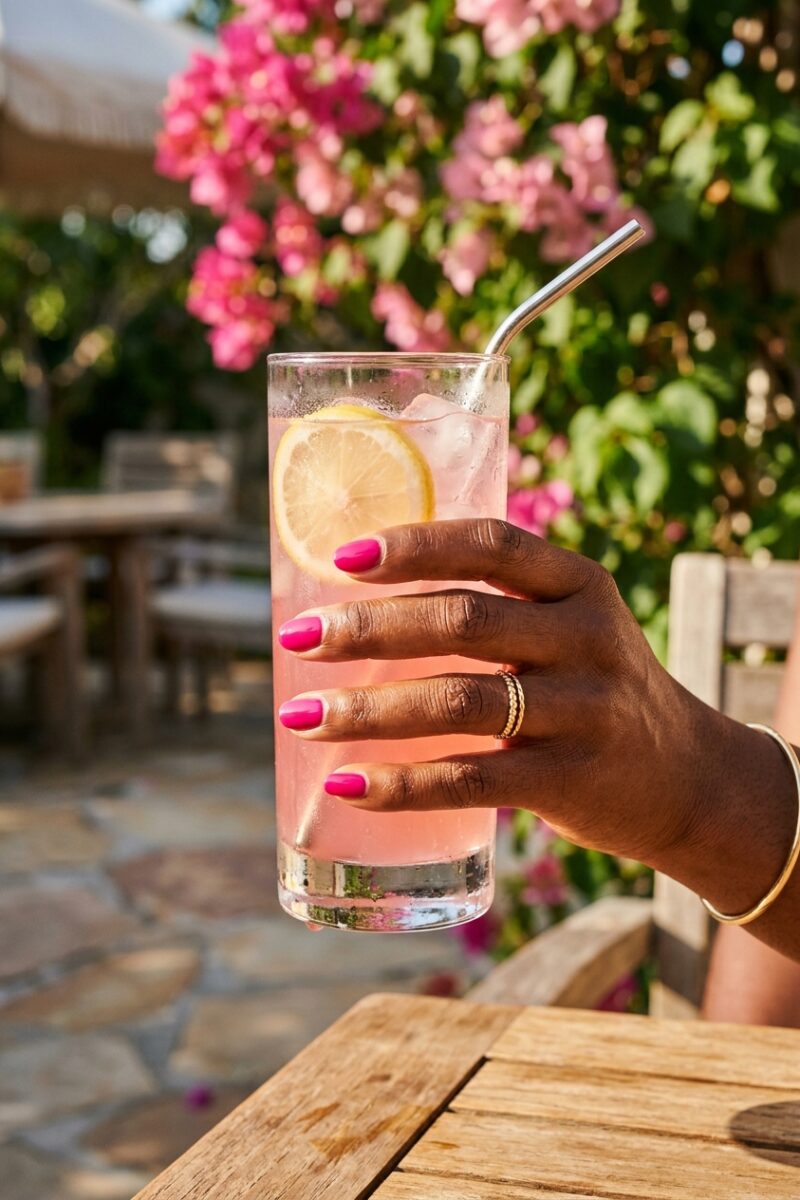 Short square hot pink nails on a hand with deep skin holding a pink drink