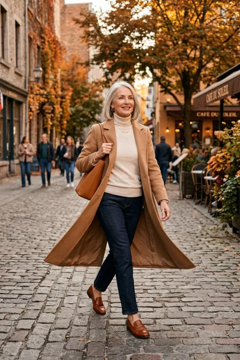 Woman over 50 in a camel coat, cream turtleneck, straight jeans and loafers