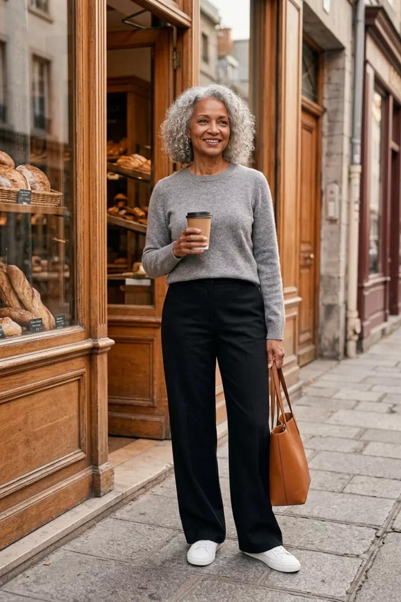Woman over 50 in a grey cashmere sweater, black wide-leg trousers and white sneakers