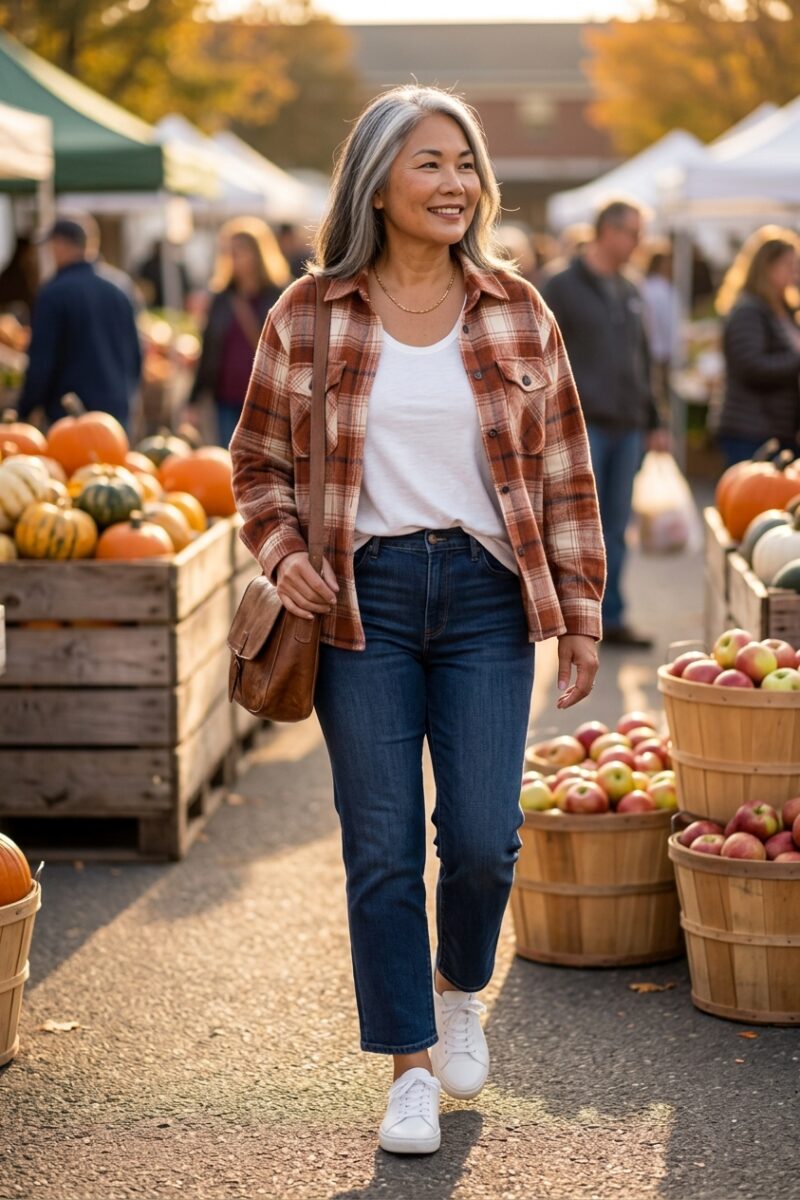 Woman over 50 in an open plaid shacket, white tee and high-rise straight jeans at a farmers market