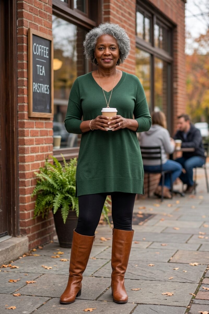 Woman over 60 with an apple shape in a green V-neck tunic sweater, black leggings and cognac knee boots
