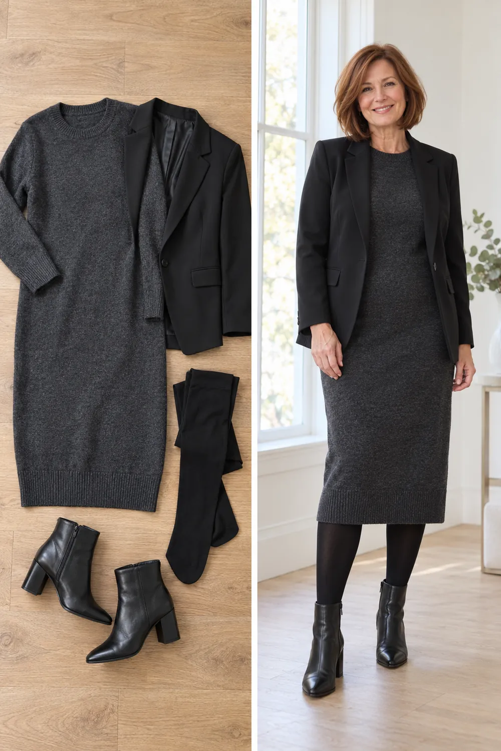 Black blazer over a charcoal sweater dress with ankle boots, a winter capsule outfit for women over 50