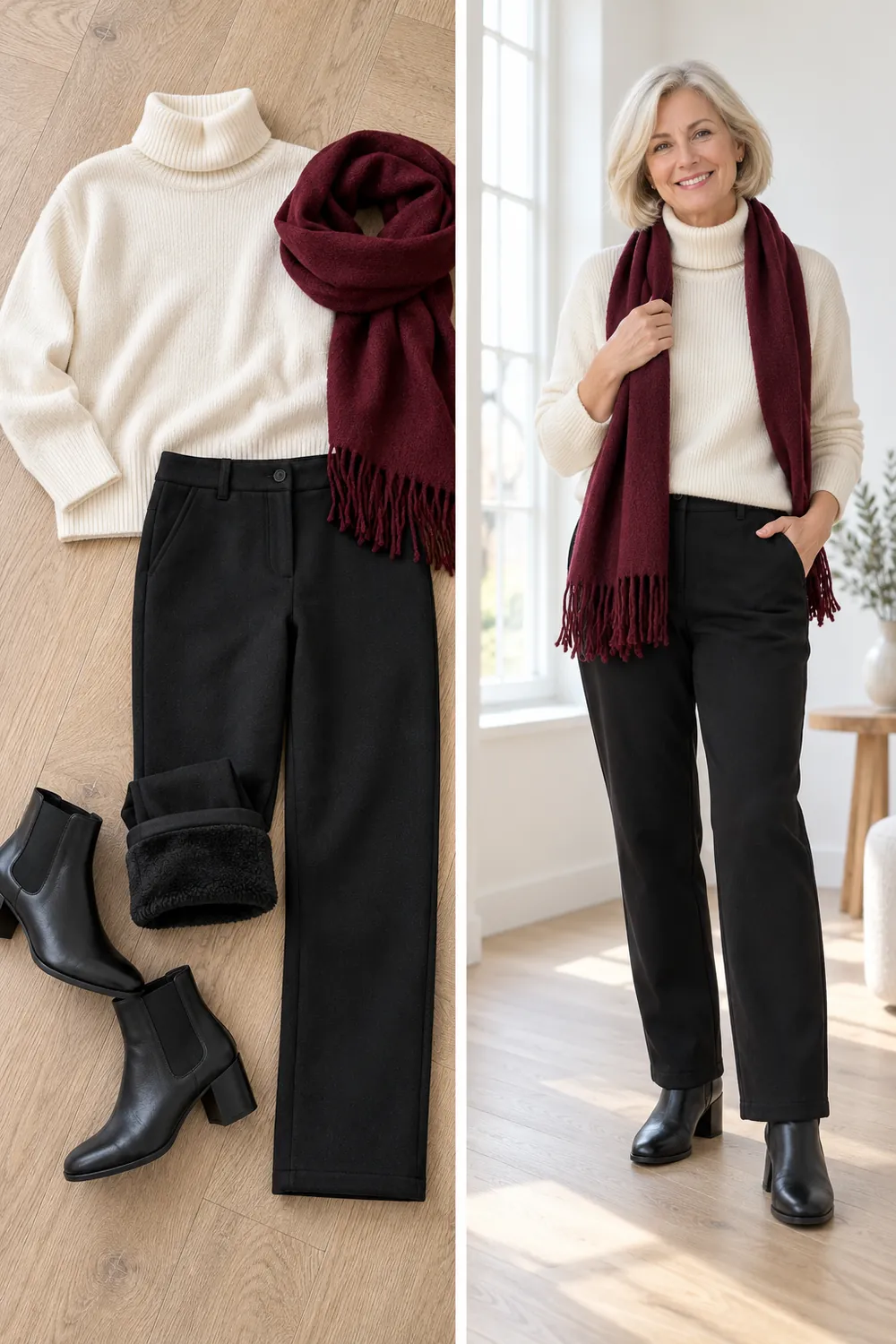 Black fleece-lined trousers with a cream turtleneck and ankle boots, a warm outfit for women over 50