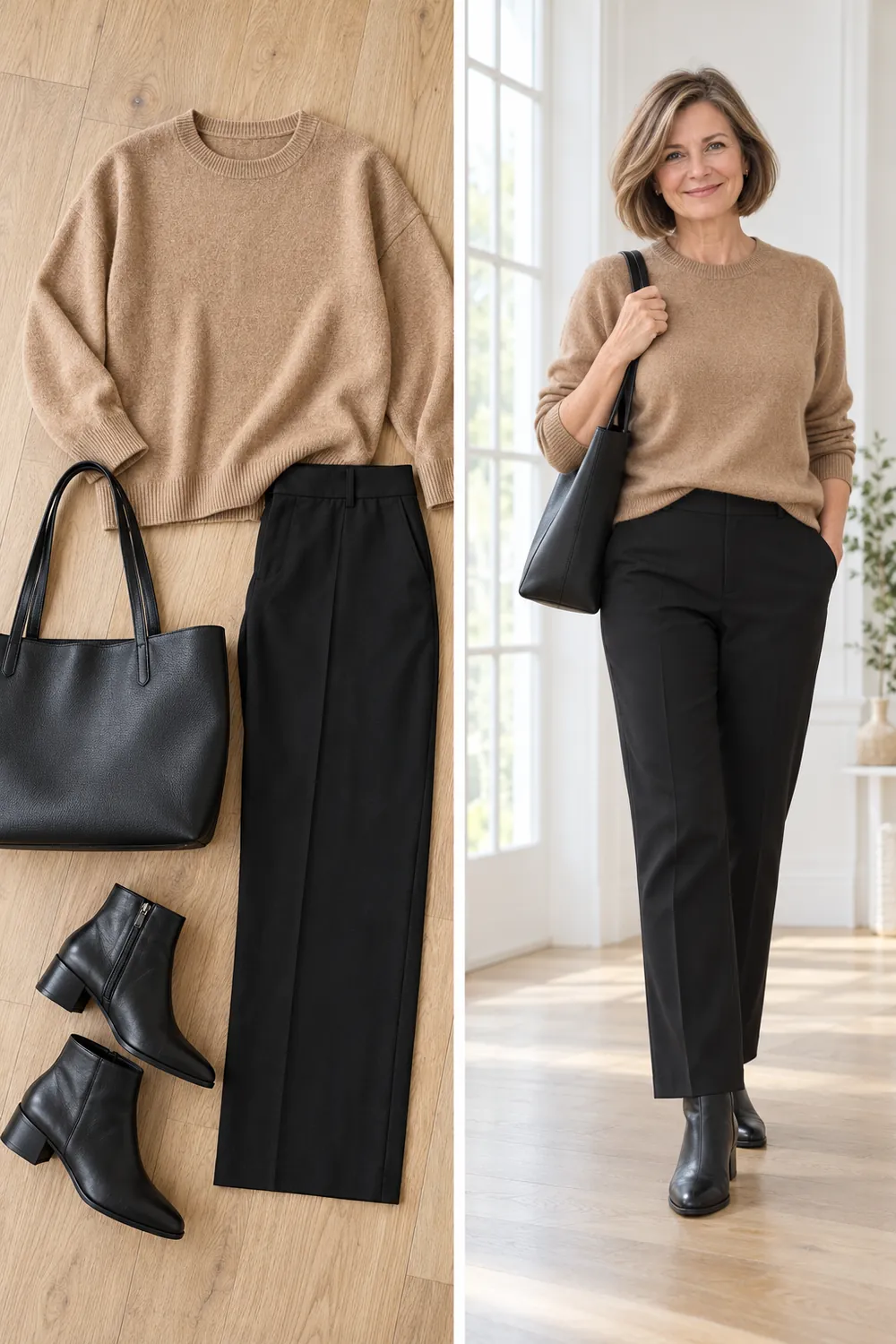 Black leather ankle boots with trousers and a sweater, a winter wardrobe essential for women over 50
