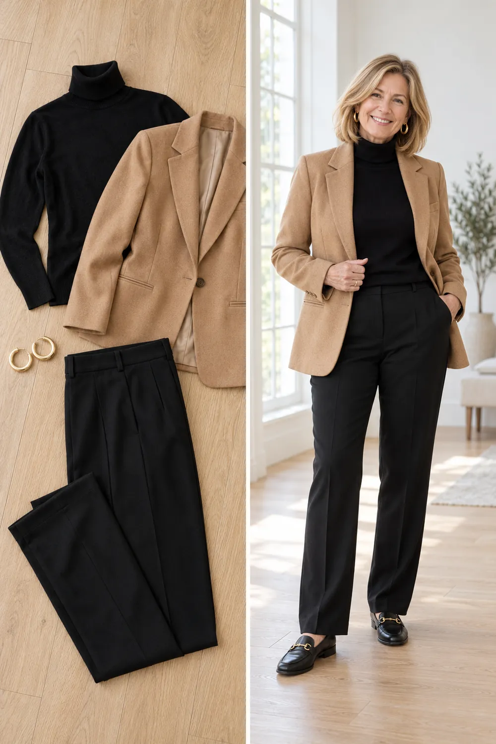 Black merino turtleneck under a blazer, a winter wardrobe essential for women over 50
