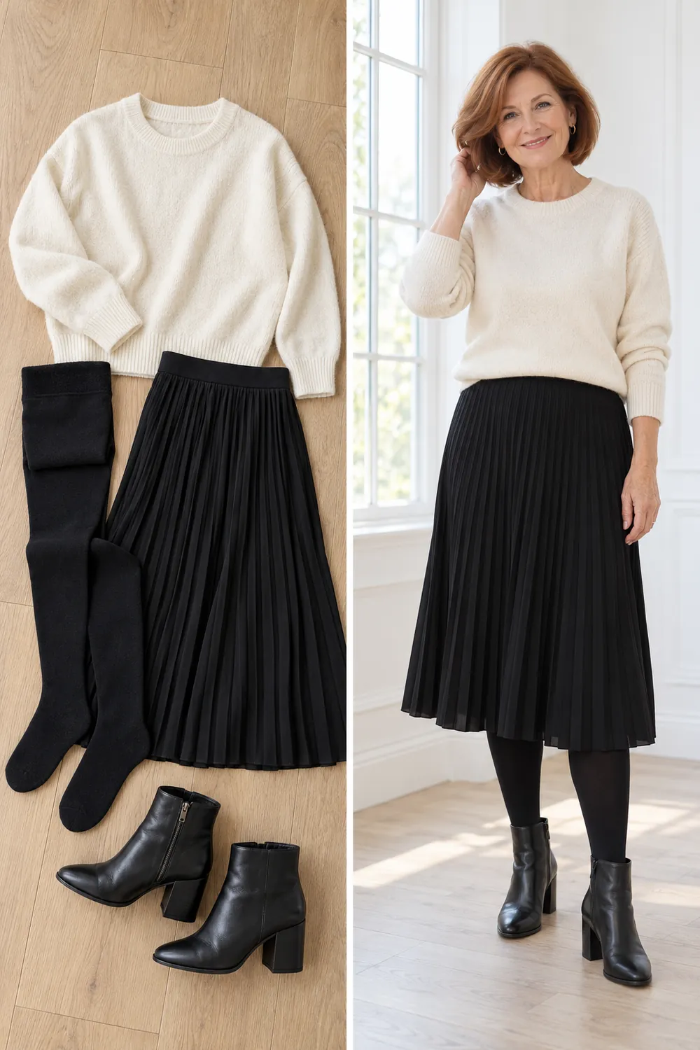 Black opaque tights with a pleated skirt and ankle boots, a winter wardrobe essential for women over 50