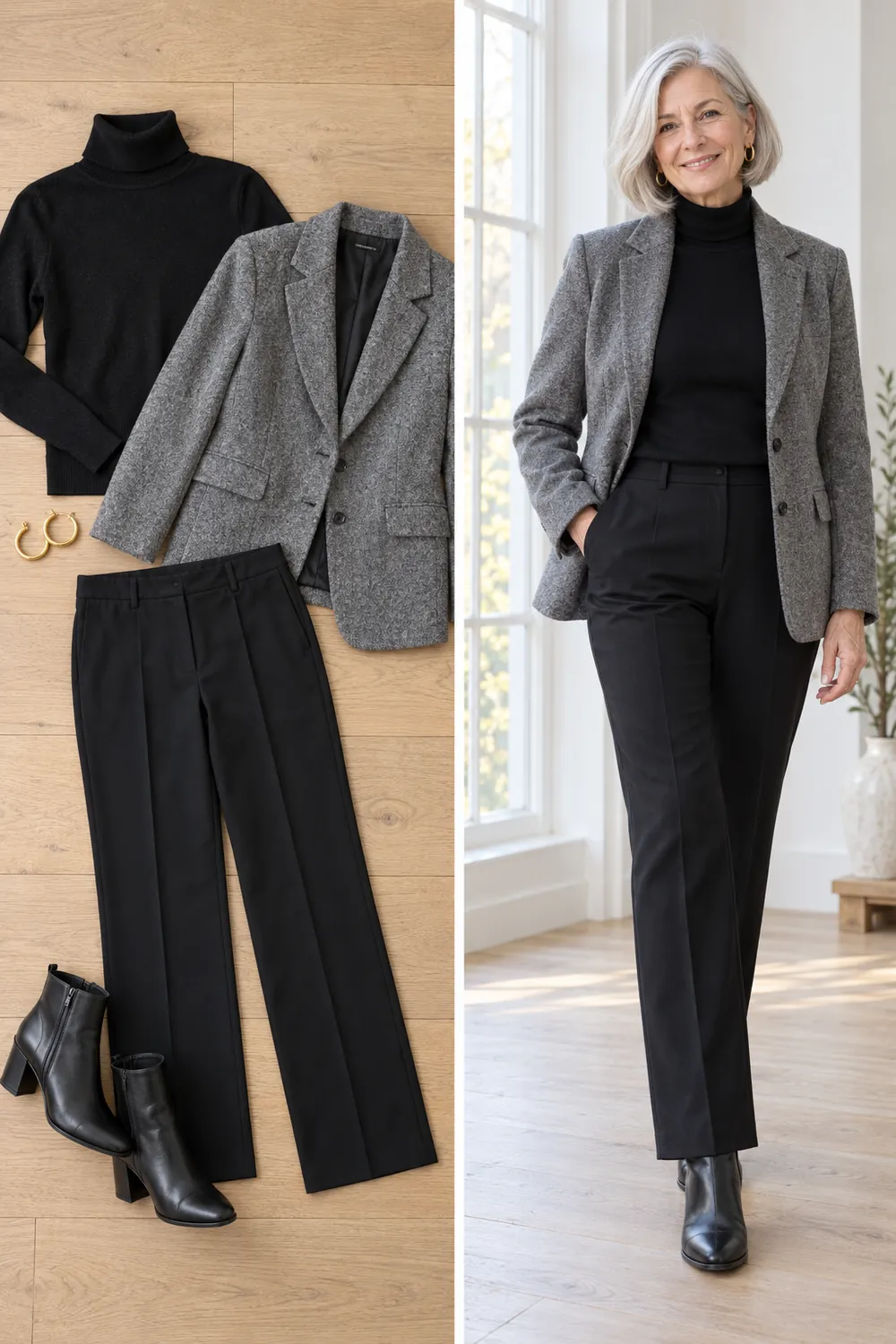 Black turtleneck under a gray blazer with black trousers, a winter layering formula for women over 50