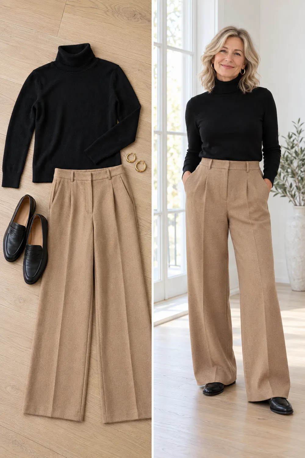 Black turtleneck with camel wide-leg trousers and black loafers, a winter capsule outfit for women over 50