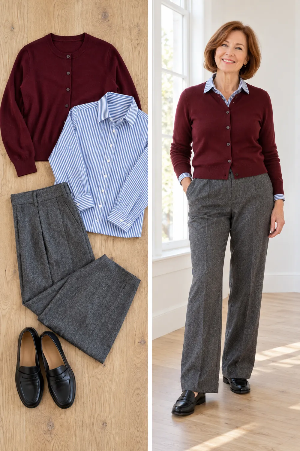Burgundy cardigan buttoned over a striped shirt with gray trousers, a winter layering formula for women over 50