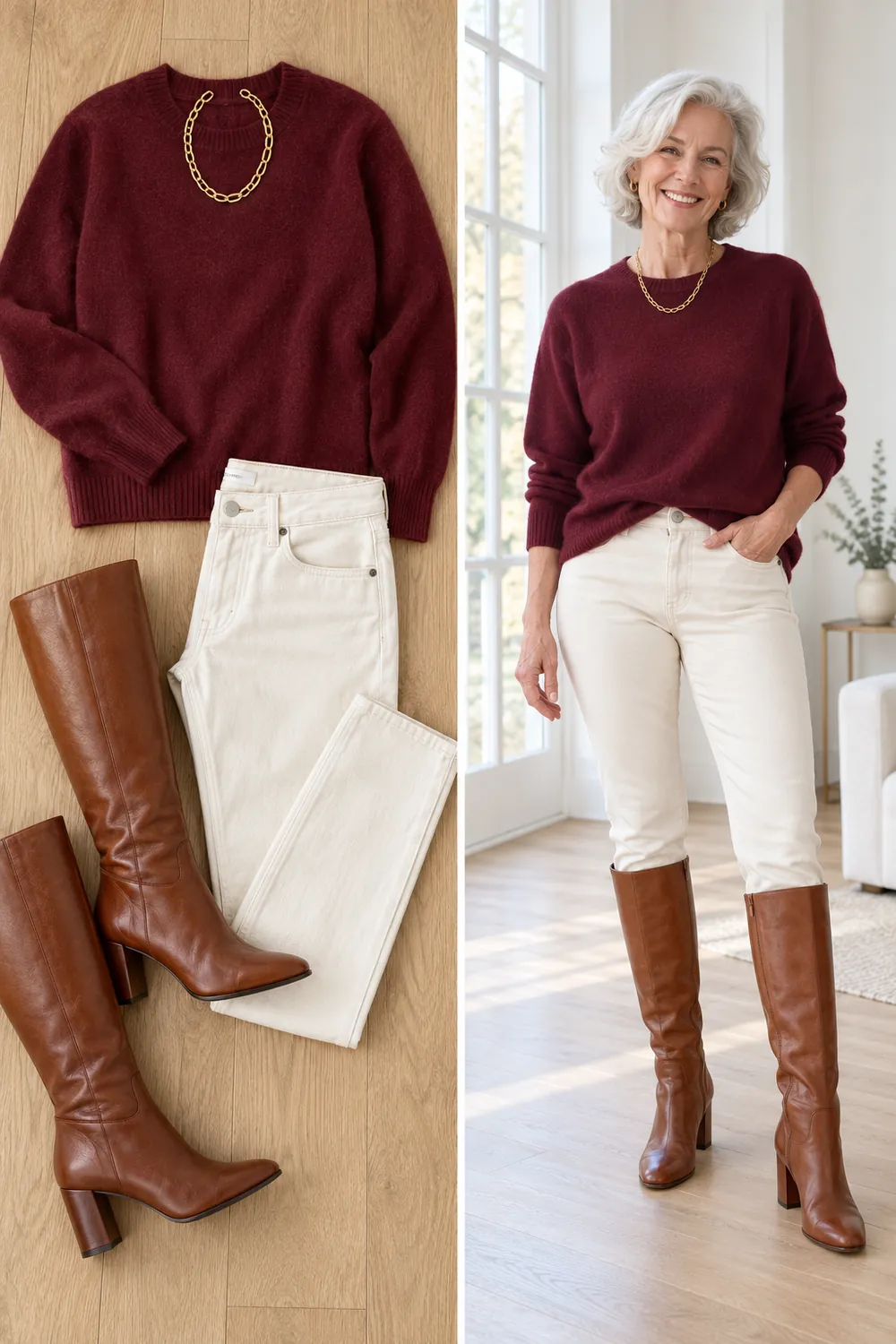 Burgundy cashmere sweater with winter white jeans and cognac knee boots, a winter capsule outfit for women over 50