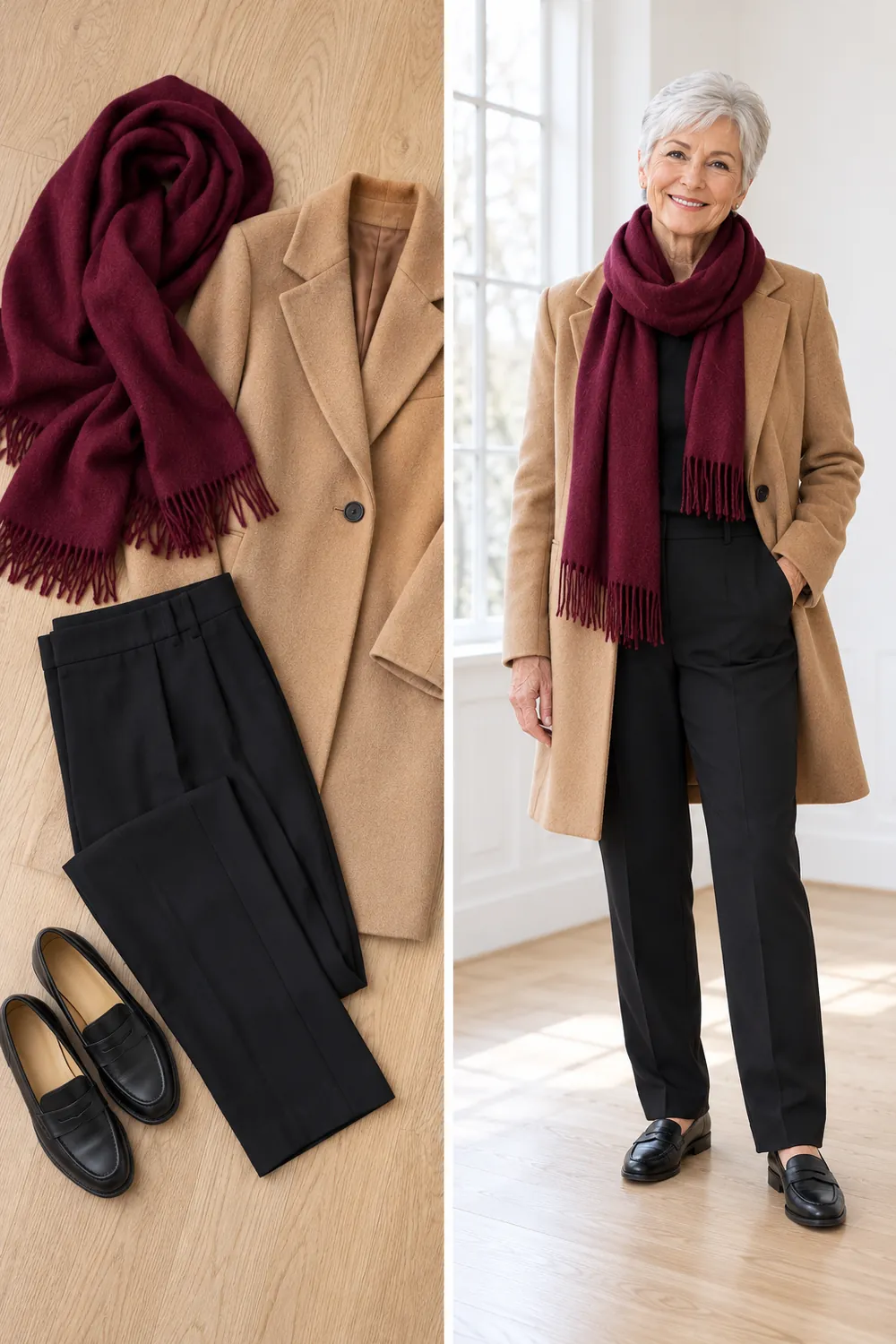 Burgundy cashmere wrap over a camel coat, a winter wardrobe essential for women over 50