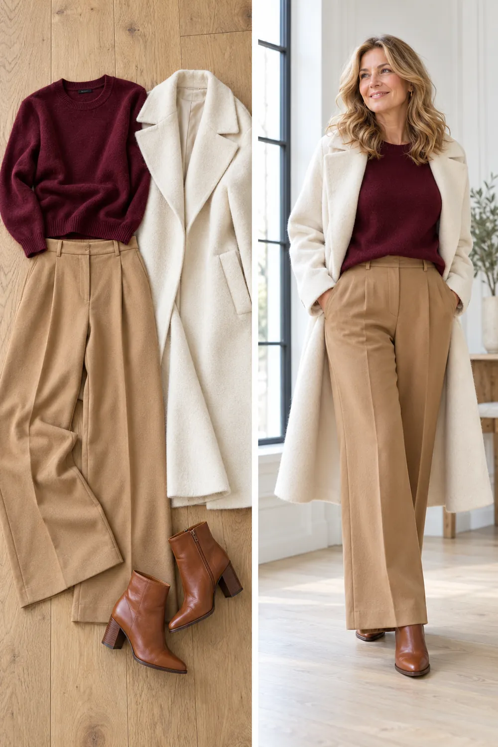 Burgundy sweater with camel trousers and a cream coat, warm winter colors for women over 50