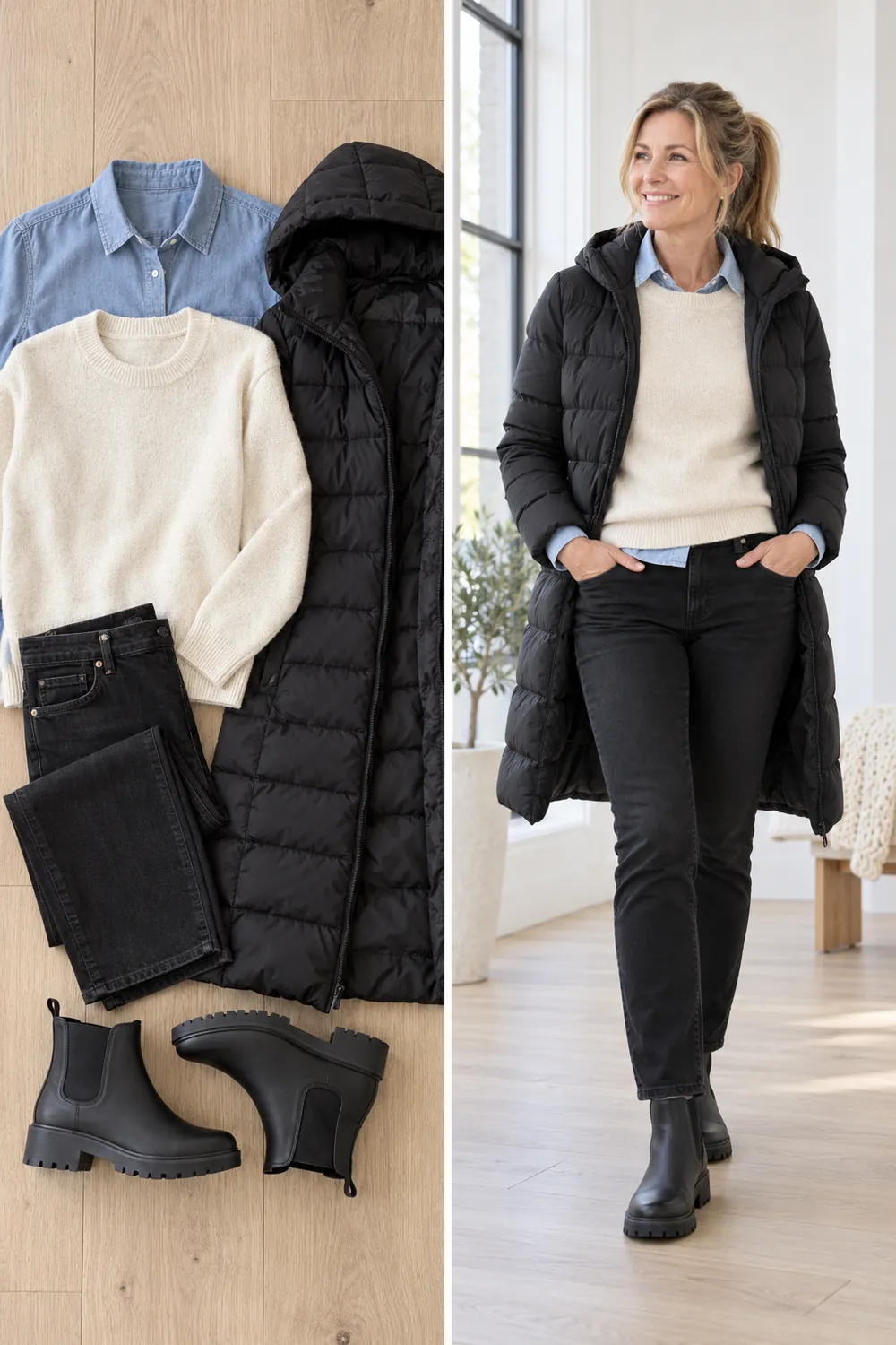 Chambray shirt under a cream sweater with a long puffer, a casual winter layering formula for women over 50