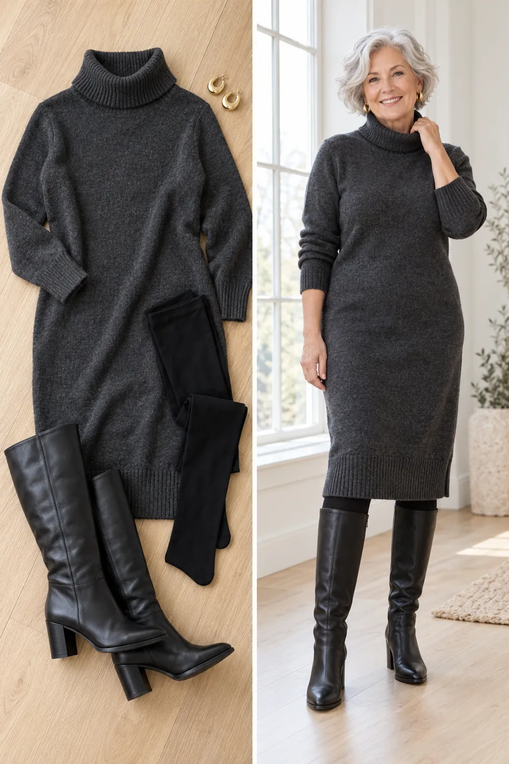 Charcoal sweater dress with tights and knee boots, a winter wardrobe essential for women over 50