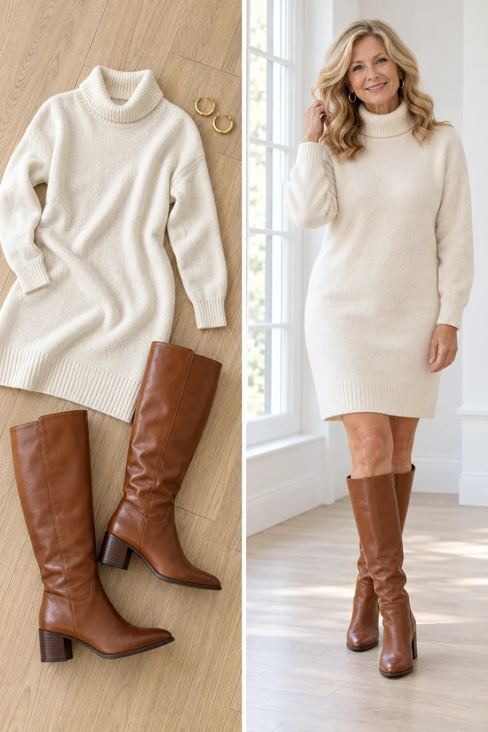 Cognac knee boots with a sweater dress, a winter wardrobe essential for women over 50