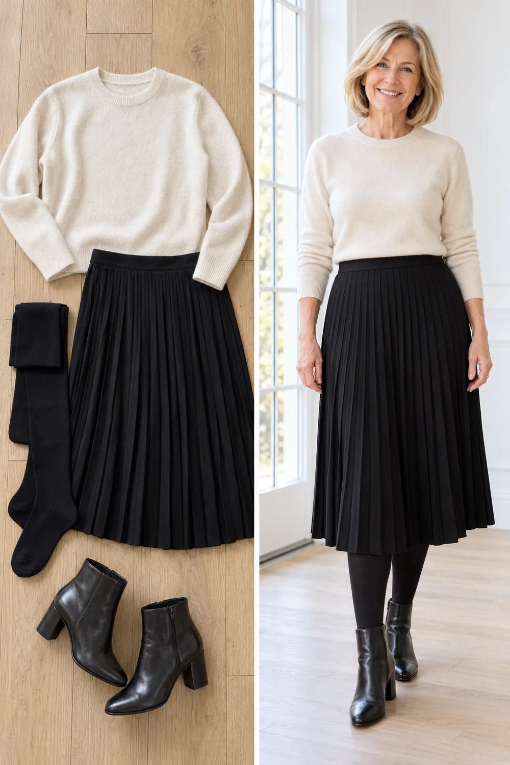 Cream cashmere sweater with a black pleated midi skirt and ankle boots, a winter capsule outfit for women over 50