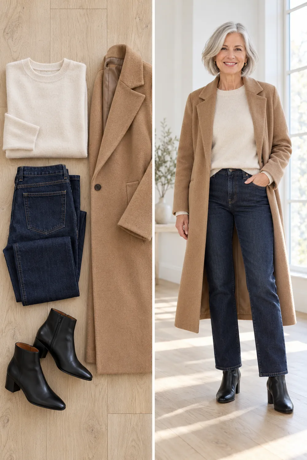 Cream cashmere sweater with dark jeans, a camel coat and ankle boots, a winter capsule outfit for women over 50