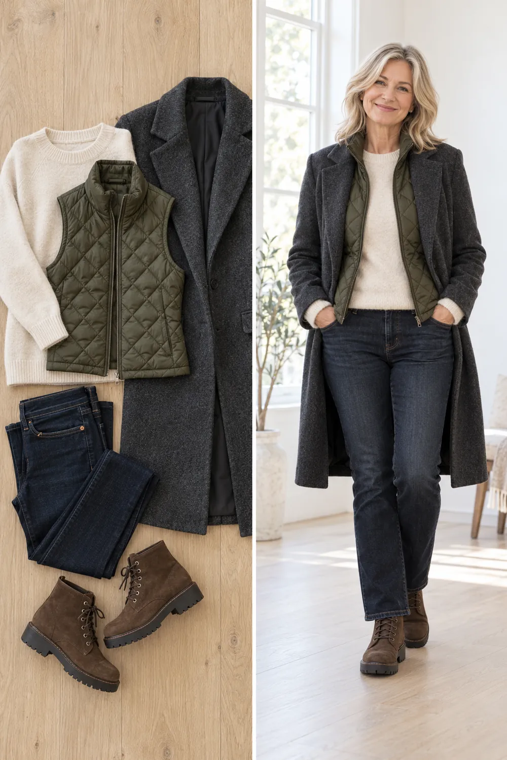 Cream sweater with a quilted vest and long coat, a winter layering formula for women over 50