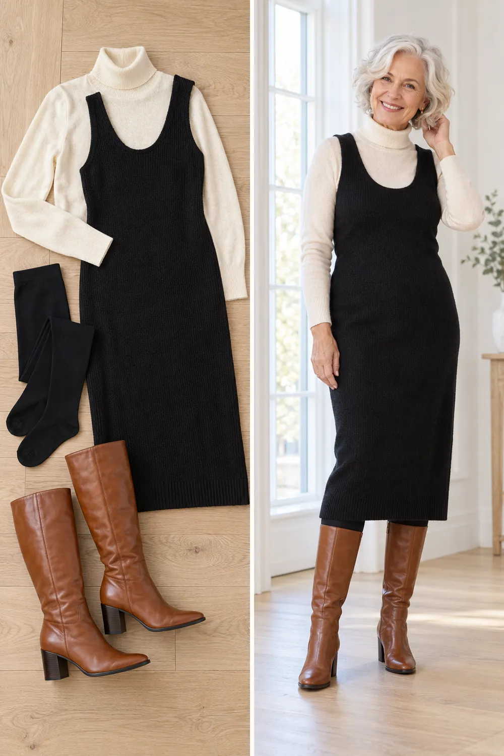 Cream turtleneck layered under a black sleeveless knit dress with boots, a winter layering formula for women over 50