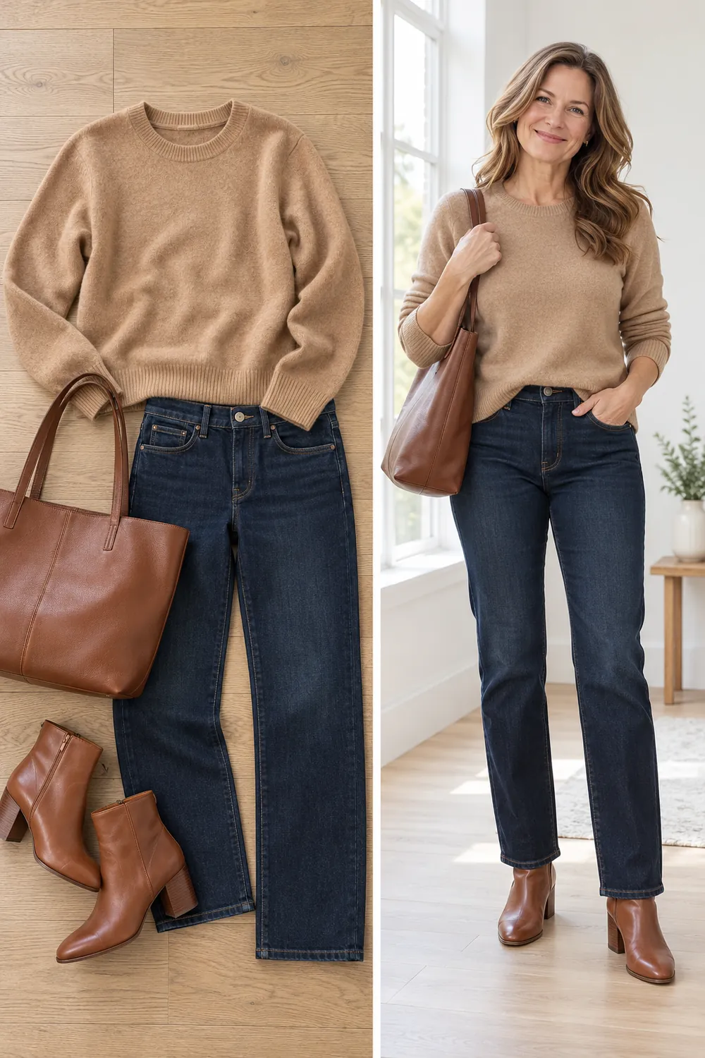 Dark straight jeans with a camel sweater and boots, a winter wardrobe essential for women over 50