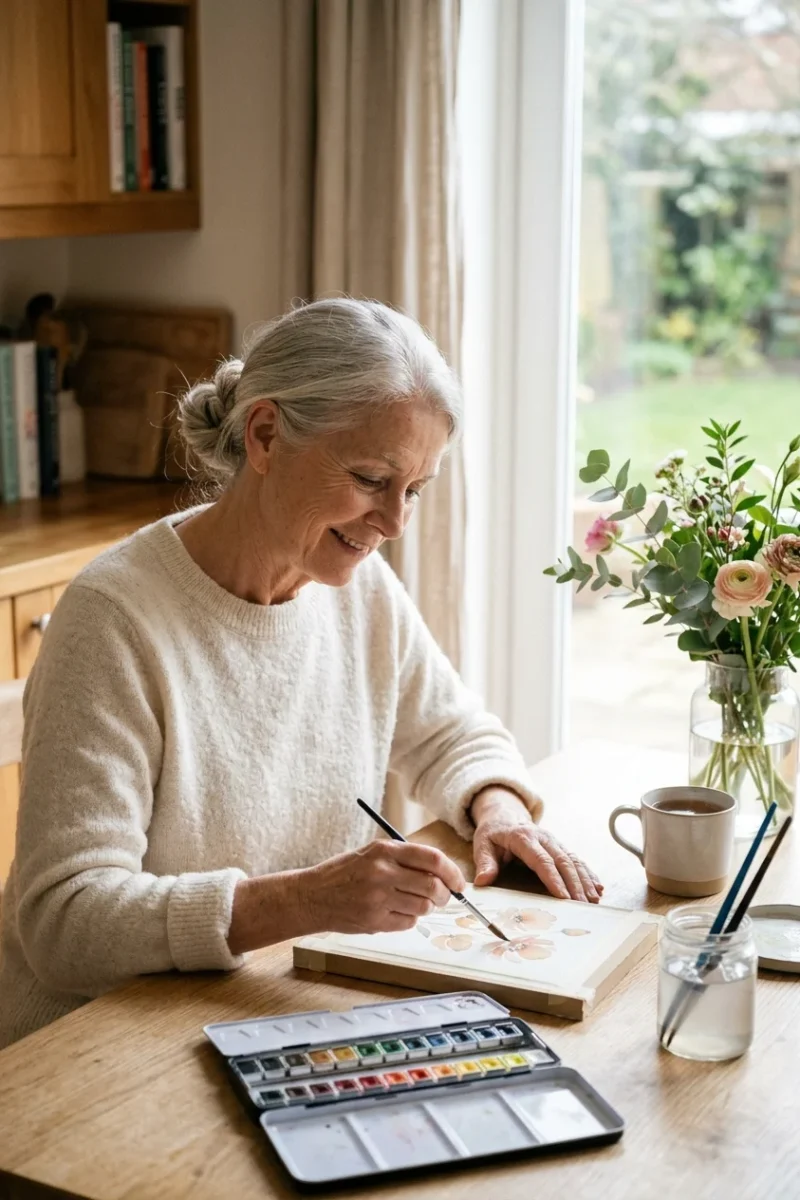Older woman happily painting alone at her kitchen table, enjoying solitude
