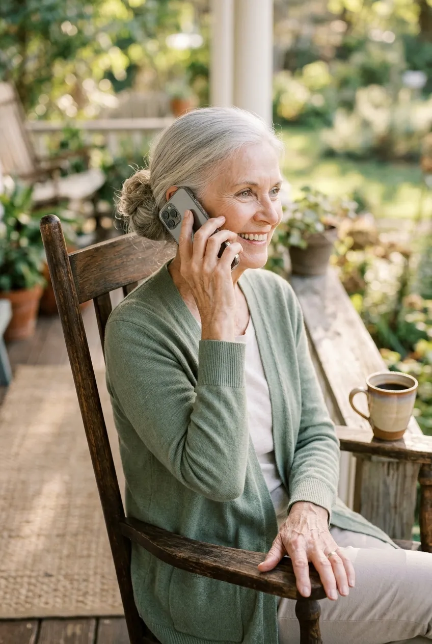 Older woman smiling while calling a friend on the phone from her porch