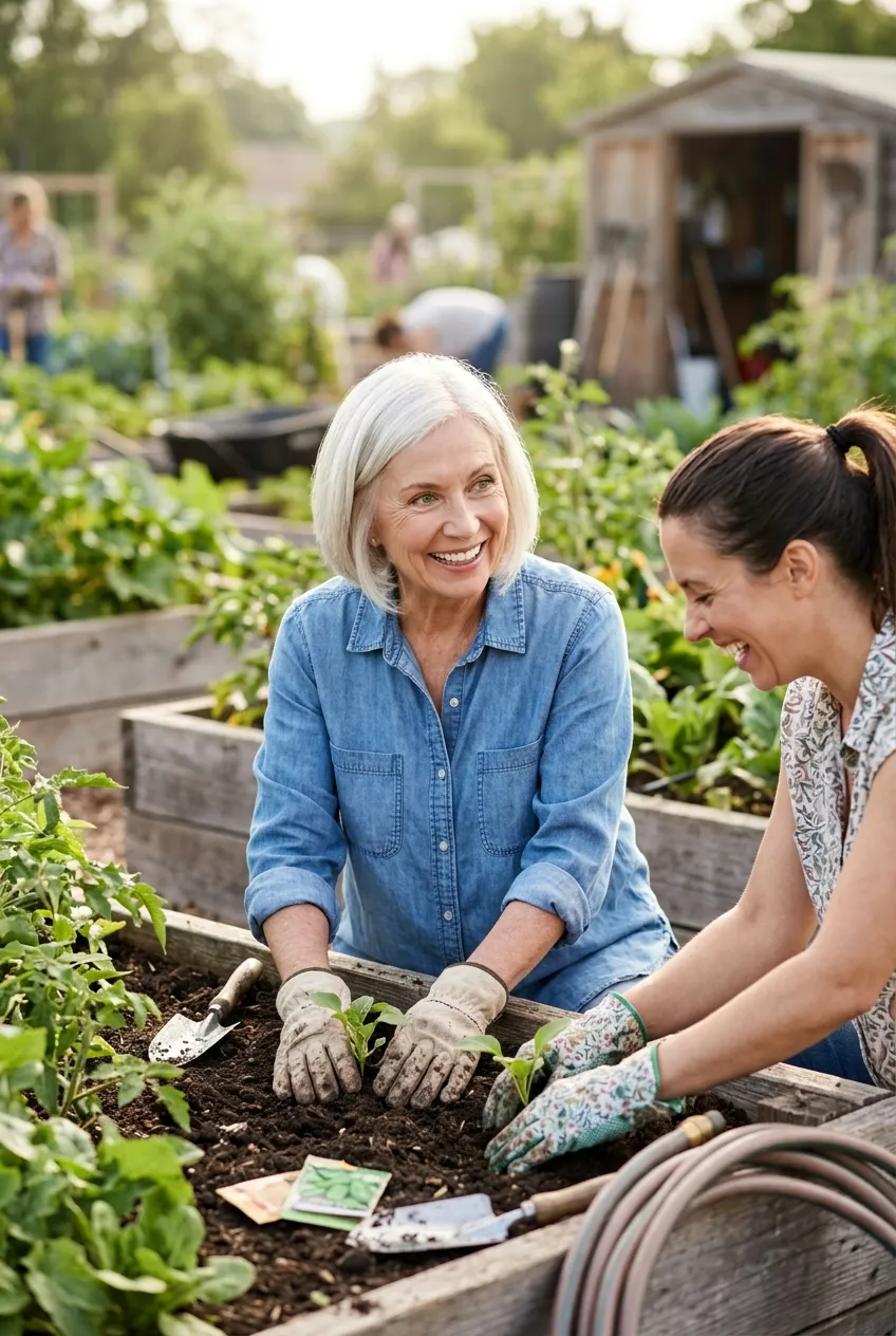 Woman in her 70s gardening with a younger neighbor in a community garden