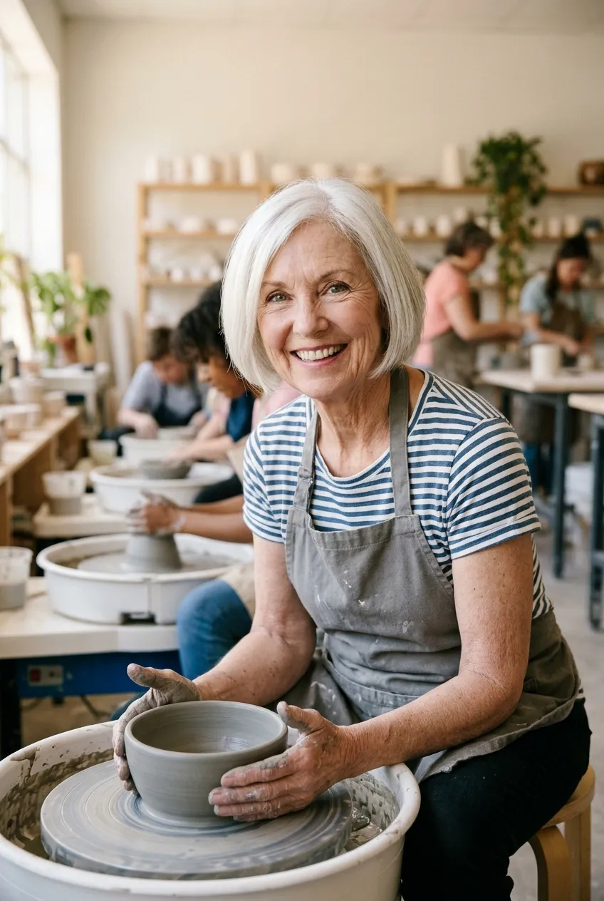 Woman in her 70s taking a pottery class and smiling at her work