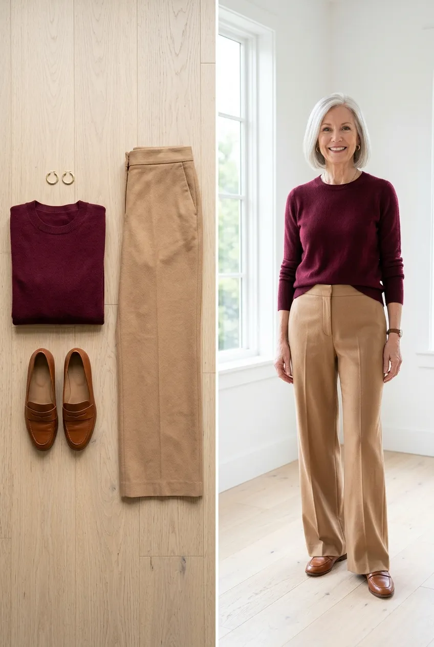 Burgundy sweater with camel wide-leg trousers, a burgundy outfit for women over 50