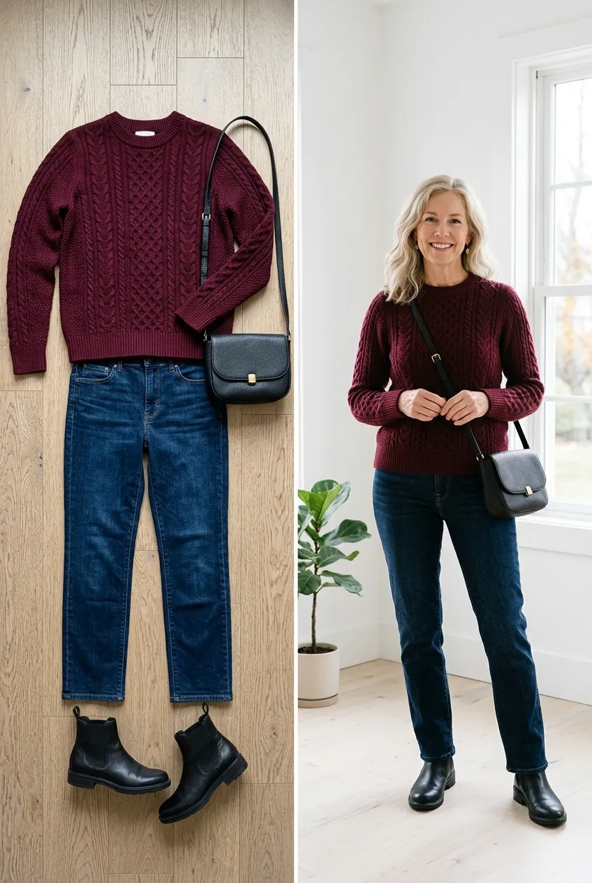 Burgundy cable sweater with dark jeans and ankle boots, a casual burgundy outfit for women over 50