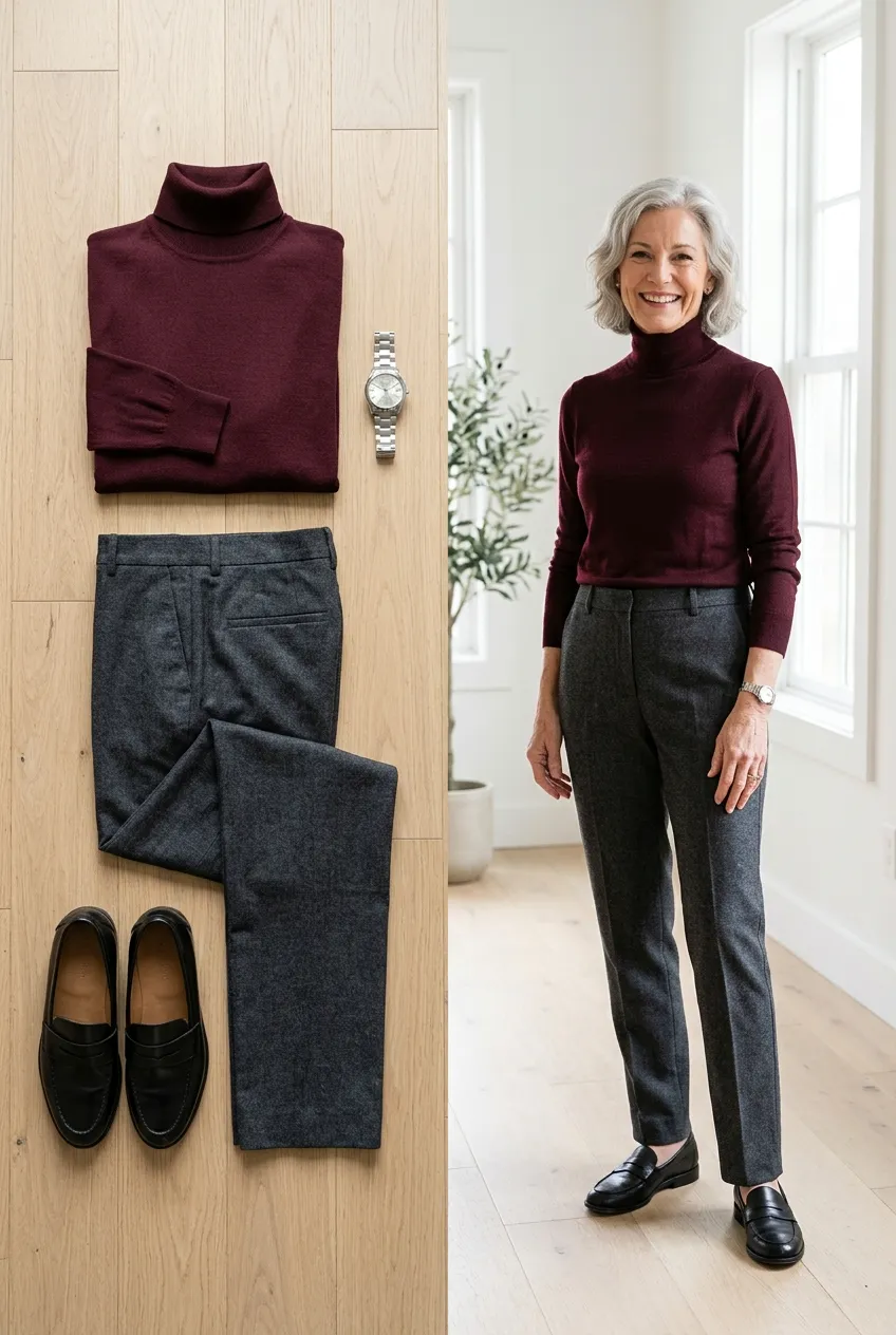 Burgundy turtleneck with gray flannel trousers, a burgundy work outfit for women over 50