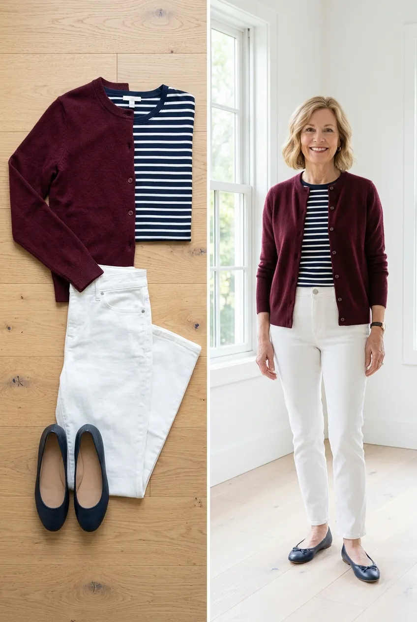 Burgundy cardigan over a striped tee with white jeans, a burgundy outfit for women over 50