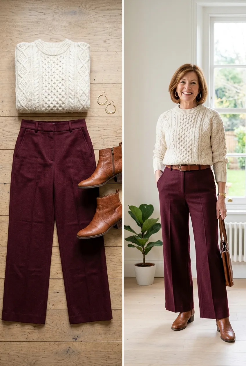 Burgundy wide-leg trousers with a cream sweater, a burgundy outfit for women over 50