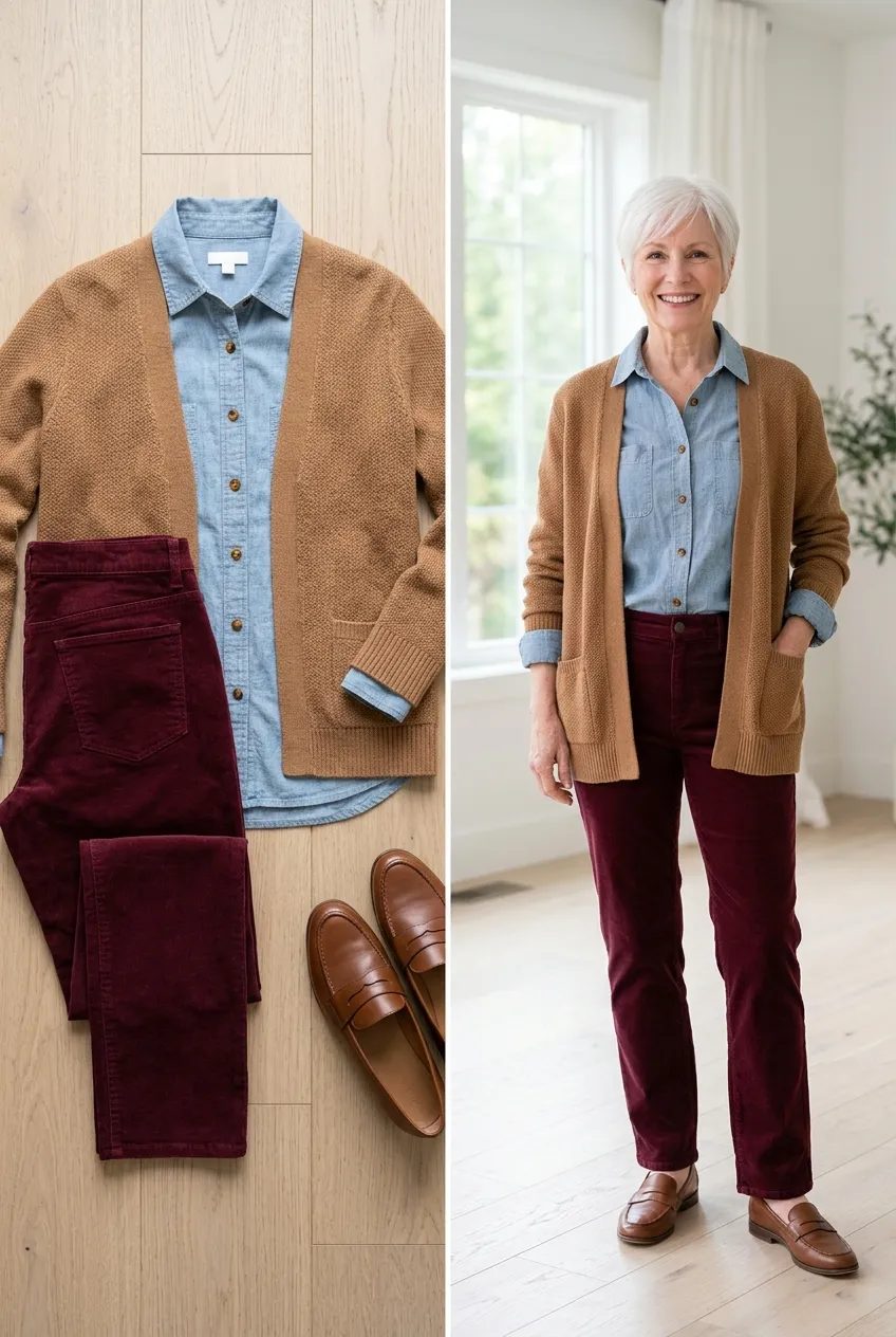 Burgundy corduroy trousers with a chambray shirt and loafers, a casual burgundy outfit for women over 50