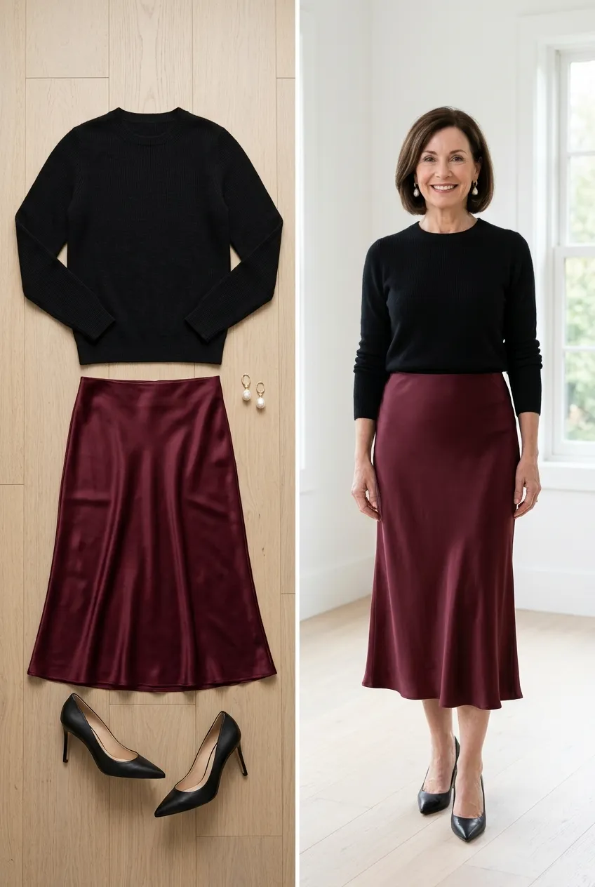 Black sweater with a burgundy satin midi skirt and pumps, a dressy burgundy outfit for women over 50