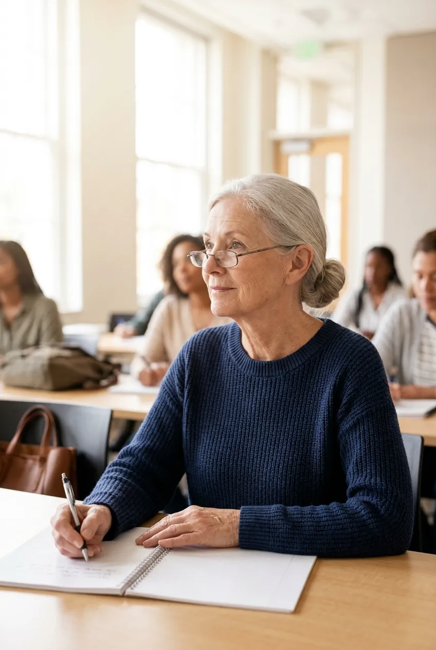 Older woman taking a class at a community college, staying curious in later life